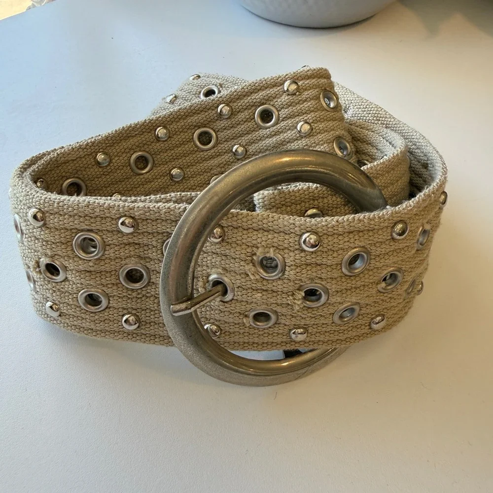 Womens Tan Canvas Grommet Studded Belt Silver Round Buckle Wide Utility Y2K